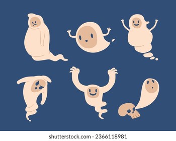 Halloween Ghost Monster Characters. Adorable Phantoms With Mischievous Charm, Playfully Frightens, Vector Illustration