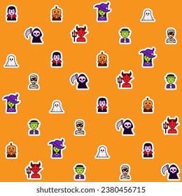 Halloween Ghost And Monster Characters Vector Seamless Pattern