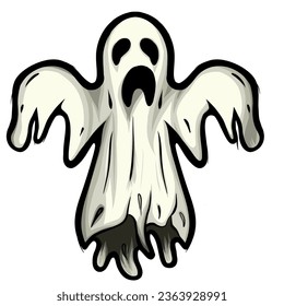 Halloween Ghost. Ghost monster with scary face shape Boo. White spooky ghost flying fun funny evil horror silhouette for scary october holiday design or costume, flat vector isolated icon
