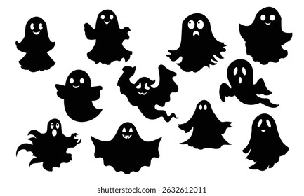 Halloween ghost and monster set with seamless pumpkin pattern and cute animal silhouettes