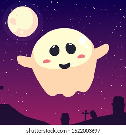 halloween ghost with moon in cemetery scene vector illustration design