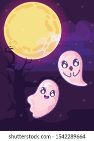 halloween ghost with moon in cemetery scene vector illustration design