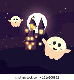 halloween ghost with moon in scene of halloween