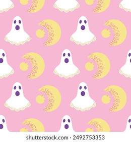 Halloween ghost and moon seamless pattern on pink background