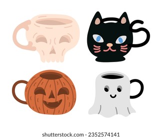 Halloween ghost mugs. Autumn holiday pumpkin monster cups. Fall skull and black cat stickers set.