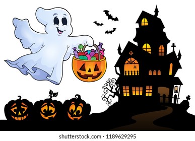 Halloween ghost near haunted house 4 - eps10 vector illustration.