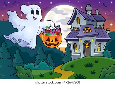 Halloween ghost near haunted house 1 - eps10 vector illustration.