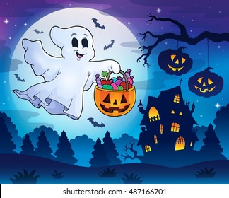 Halloween ghost near haunted house 3 - eps10 vector illustration.