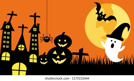 Halloween ghost. Halloween night with full Moon, pumpkins, bat and spider vector in flat style