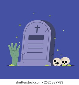 Fantasma de Halloween no túmulo com a noite e mãos de zumbi, cartão de saudação de Halloween. 