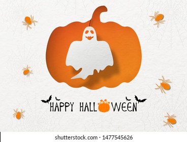 Halloween ghost on holes in giant pumpkin shape and orange spiders with design of Happy Halloween lettering on paper pattern background. Halloween card in vector design and paper cut style.