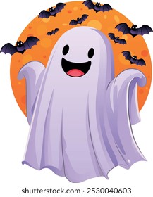 Fantasma de Halloween sobre fondo de luna con murciélagos