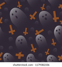 Halloween ghost and orange cross background cartoon style random repeat seamless pattern
