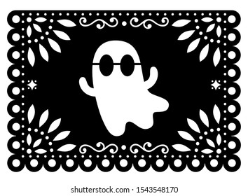 Halloween ghost Papel Picado design, Mexican paper cut out garland background with flowers and geometric shapes. 
Papel Picado black decoration for celebrating Halloween or Day of the Dead