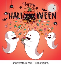Halloween ghost party, vector illustration. Little ghosts collect candies that fall from a pumpkin