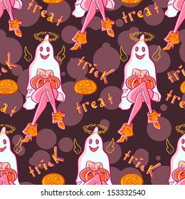Halloween ghost pattern, Endless background filled with ghosts and pumpkins