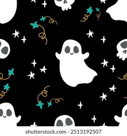 Halloween ghost pattern features a flat style with various iconic elements