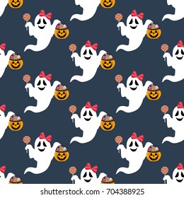 Halloween ghost pattern on the blue background. Vector illustration