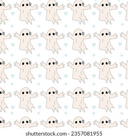 Halloween ghost pattern repeats the print background. Doodle cute ghosts Haloween seamless pattern. Background with simple spooky characters or scary ghostly monsters