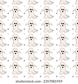 Halloween ghost pattern repeats the print background. Doodle cute ghosts Haloween seamless pattern. Background with simple spooky characters or scary ghostly monsters