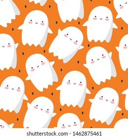 Halloween ghost pattern, seamless background, holidays cute ghost cartoon character, halloween cute icon flying ghost logo, vector illustration