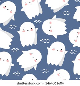 Halloween ghost pattern, seamless background, holidays cute ghost cartoon character, halloween cute icon flying ghost logo, vector illustration
