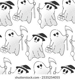 Halloween ghost pattern with witches and scythes, Vector