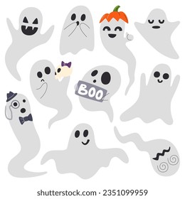Halloween ghost personages with emotions and facial expressions. Spooky and funny spirits. October holiday creepy traditional creatures. Various phantom character hand drawn flat vector illustration