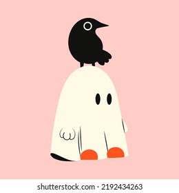 Halloween ghost. Phantom with a black raven on its head. Kawaii monster mystical drawing concept. Flat vector illustration isolated with pumpkins and holiday elements.