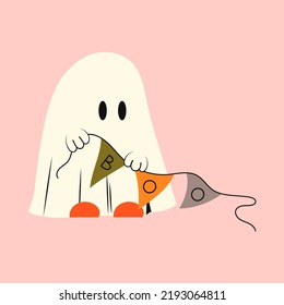 Halloween ghost. Phantom with flags and the inscription boo. Kawaii monster mystical drawing concept. Flat vector illustration isolated with pumpkins and holiday elements.