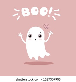 Halloween Ghost Postcard Design. Cute Little Spook Illustration.