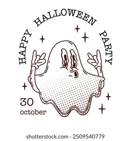 Cartaz fantasma de Halloween. Feliz feriado de outono de todos os santos. Impressão em estilo Groovy. Ilustração vetorial isolada no plano de fundo transparente.