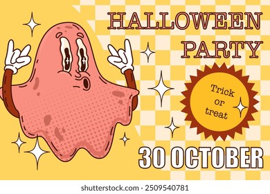 Halloween ghost poster. Merry autumn holiday of all saints. Groovy style print. Vector illustration isolated 
