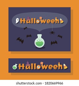 Halloween ghost poster set, card flat design, cartoon comic vector illustration