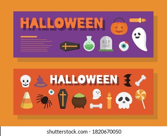 Halloween ghost poster set, card flat design, cartoon comic vector illustration
