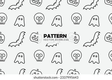 Fantasma, calabaza, murciélago y cráneo de Halloween delinearon el patrón de repetición sin fisuras del vector