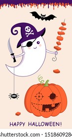 Halloween ghost, pumpkin, bat and spider, isolated and editable vector. Cute cartoon baby characters of Happy Halloween with a creative idea. Nice set for invitations, banners, greeting cards, menu
