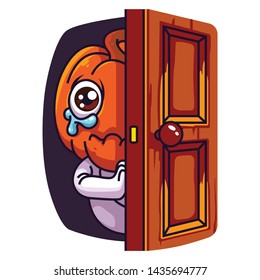 Halloween ghost. Halloween pumpkin. Ghost behind the door.Vector illustration in a cartoon style. Elements for you Halloween. Vector illustration in a flat design. 