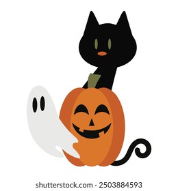 Halloween ghost, pumpkin and black cat vector cartoon illustration