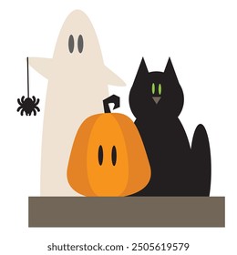 Halloween ghost, pumpkin and black cat vector cartoon illustration