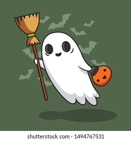 Halloween ghost with pumpkin and broom vector