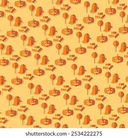 Halloween ghost, pumpkin, and candy spooky pattern, Vector