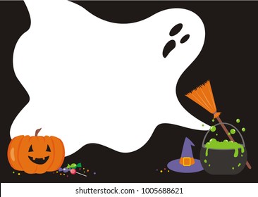 Halloween ghost, pumpkin, cauldron, broom, witch hat and candy