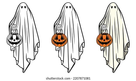 Halloween ghost with pumpkin, Cute cartoon spooky character, Happy Halloween party, Vector illustration for posters, Cartoon Halloween pumpkin, Cute ghost isolated, Vector Halloween concept,