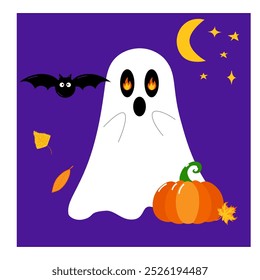 Halloween ghost with a pumpkin and fire in eyes. Vector design  composition on isolated background. Cartoon style.