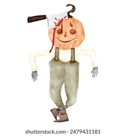 Halloween ghost pumpkin hade walking. Water color hand drawing vector