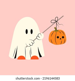 Halloween ghost with pumpkin. Kawaii phantom in white clothes and stick. Kawaii monster mystical drawing concept. Flat vector illustration isolated with pumpkins and holiday elements.