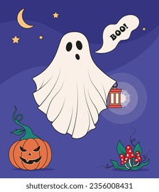 Halloween, ghost, pumpkin, mushrooms. Vector illustration. Holiday postcard.