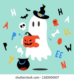 Halloween ghost. Halloween pumpkin. Vector illustration in a cartoon style. Elements for you Halloween. Vector illustration in a flat design. Vector illustration for Halloween. 