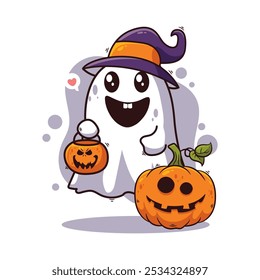 Halloween ghost with pumpkin and witch hat. Cute cartoon vector illustration.